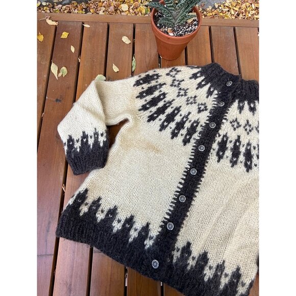 70s Cardigan Sweater Wool Mohair Ivory Brown Nordic Islandic 1970s Fair Isle - Picture 6 of 16